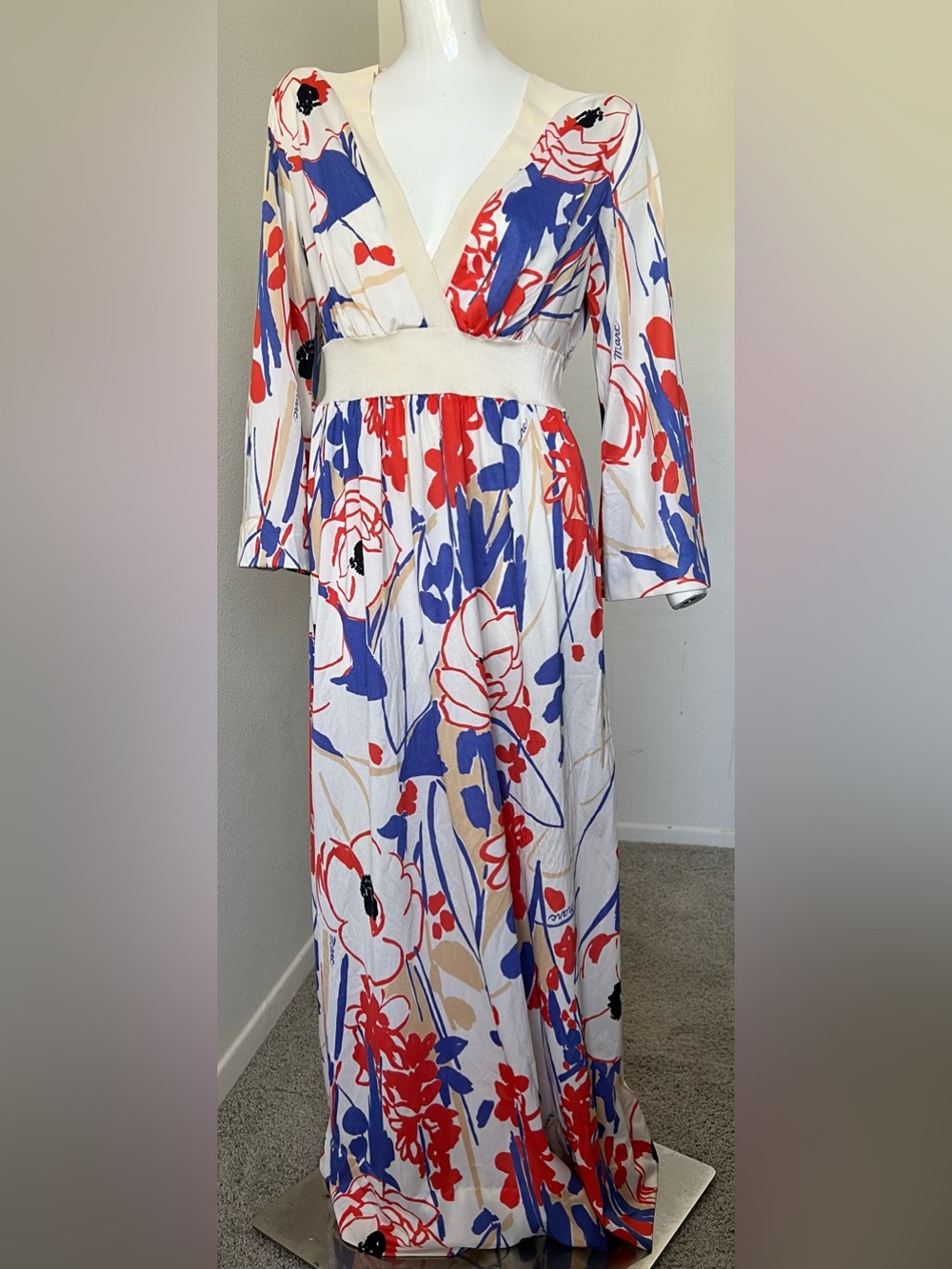 Vintage 70’s Miss Elaine Marc Blue Floral Print Maxi Dress- SUPER CUTE!